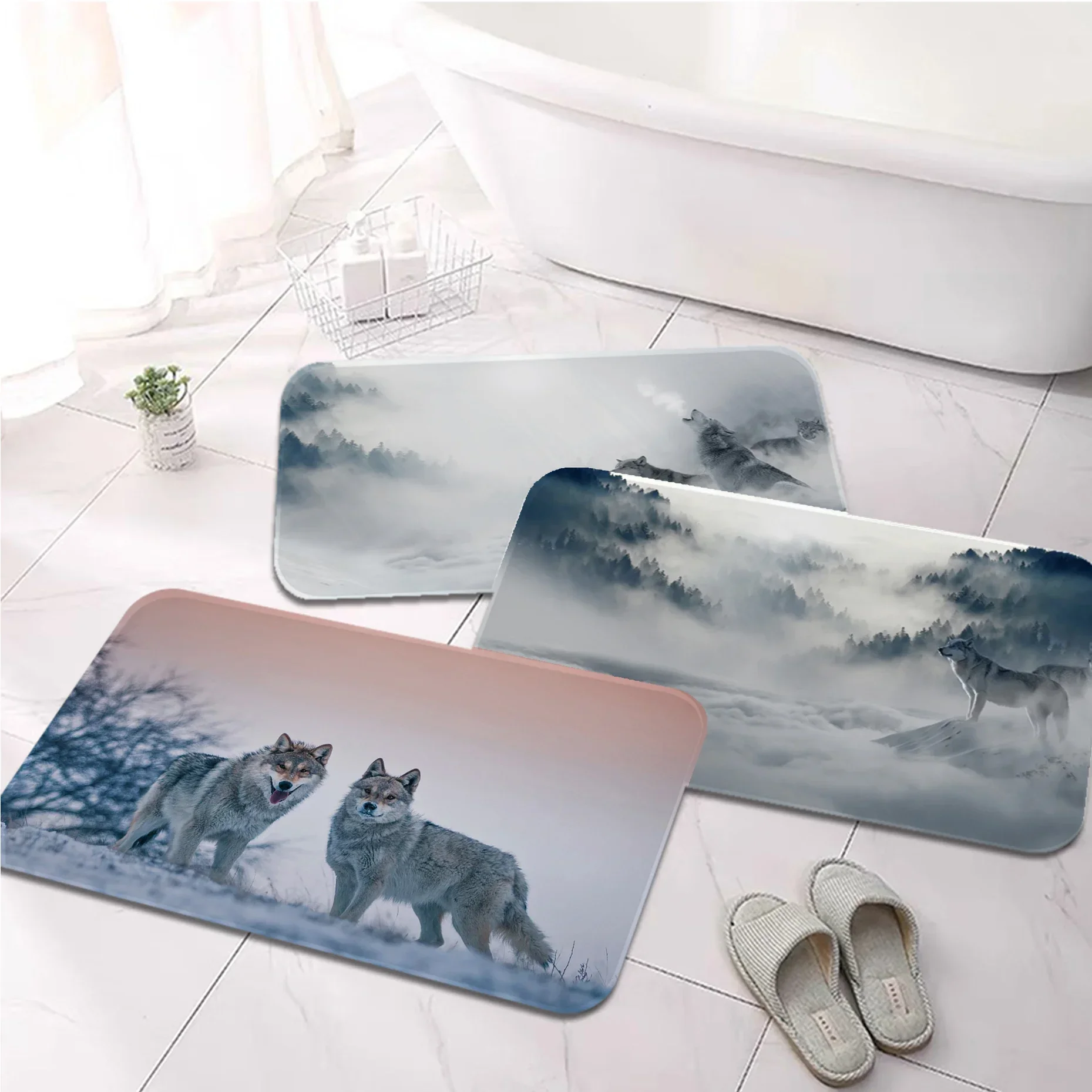 Snow White wolf  Printed Flannel Floor Mat Bathroom Decor Carpet Non-Slip For Living Room Kitchen welcome Doormat