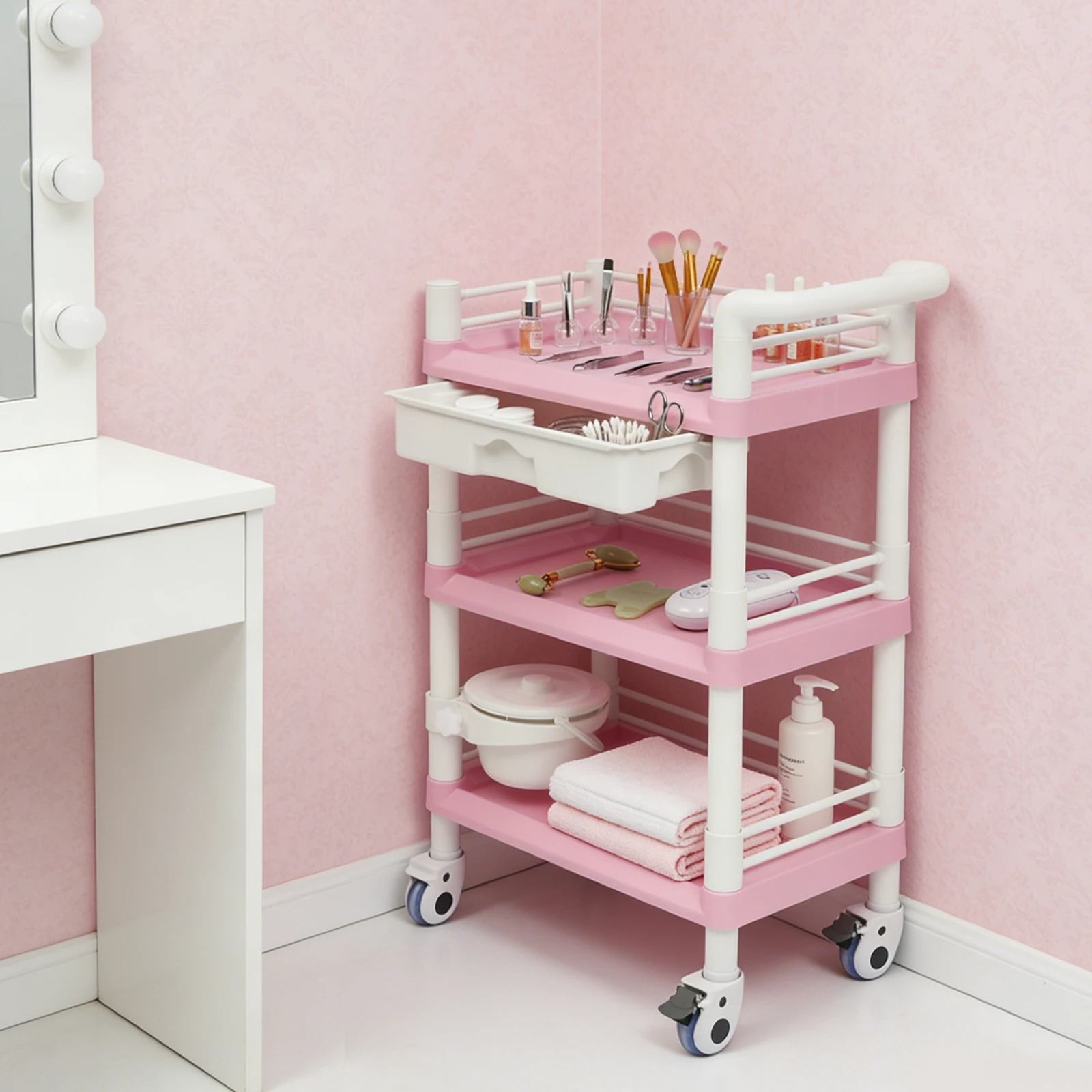 

Pink Salon Trolley with Drawer & Waste Bin, Spa Rolling Cart, 3-Tier Salon Trolley for Salons, Spas, Beauty Studios, Load 220lbs