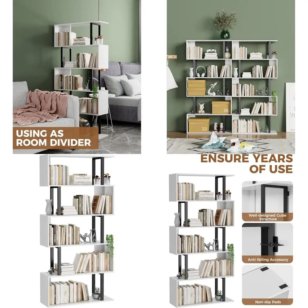 

Modern White 5-Tier S-Curved Wooden Bookshelf, Stylish Storage Display Unit for Home Living Spaces