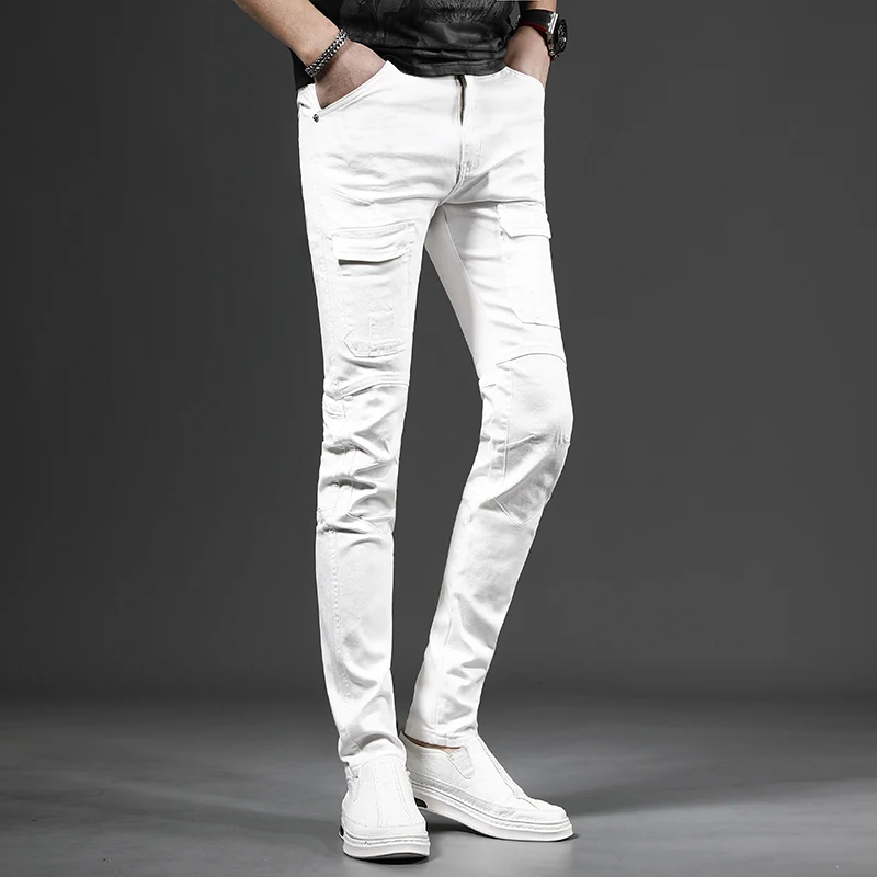 White Cotton Men's Jeans Korean Style Slim Fit Pants Streetwear Casual Double Pockets Stretch Denim Trousers CP2197