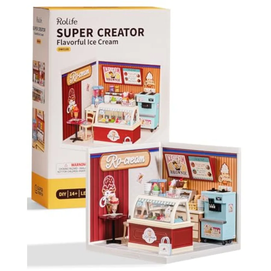 

Super Creator Series, DIY Mini Ice Cream Store Dollhouse House Kit, Bulid Scenary for Action Collectible Figures, Creative Gift