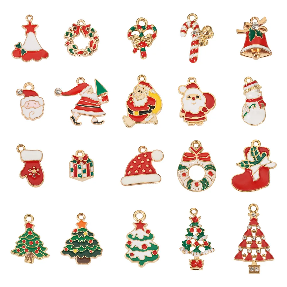 

40Pcs Christmas Alloy Enamel Pendants with Crystal Rhinestone For Earrings Necklace Key Chains Jewelry Making DIY Craft Gifts