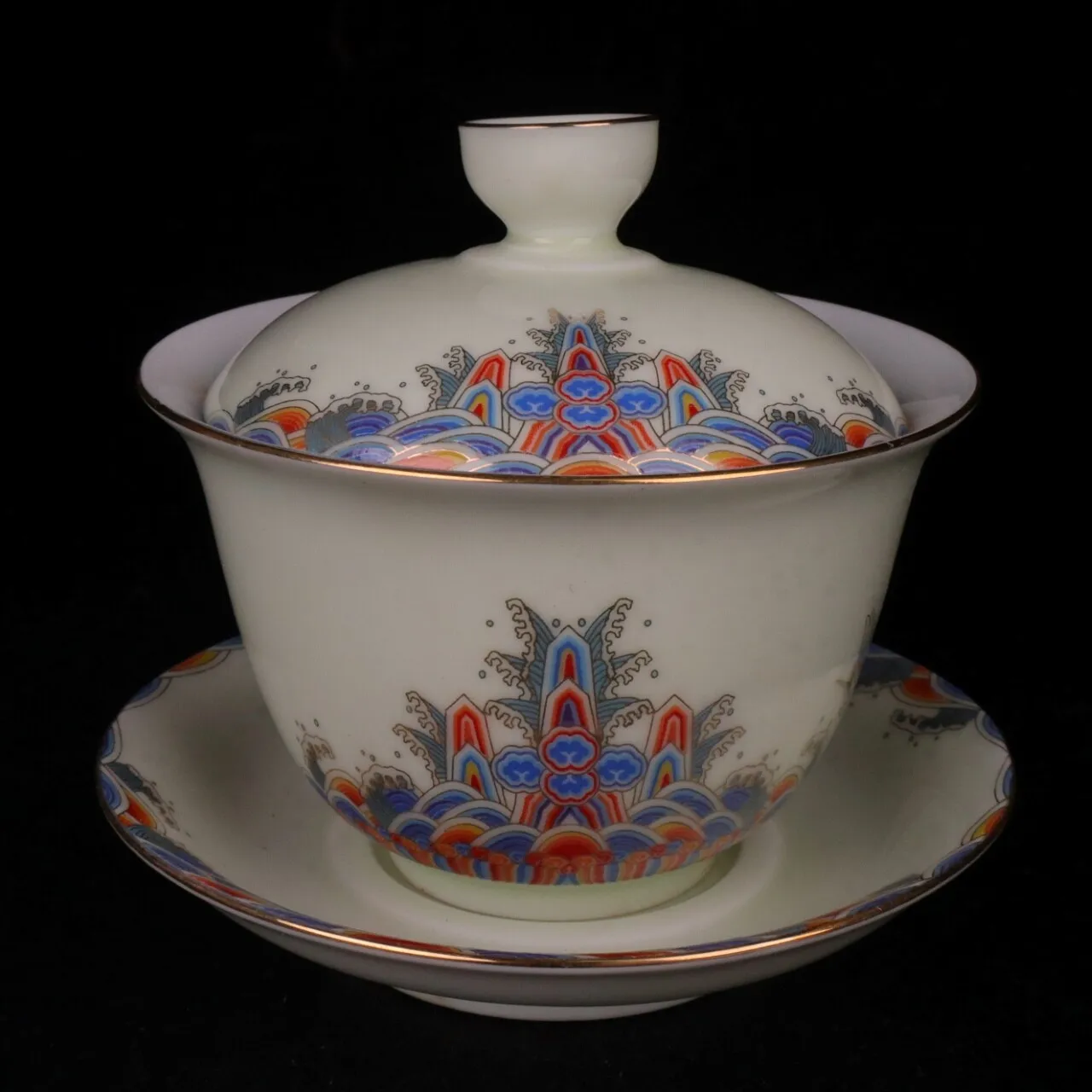 

3.7" Collect Chinese Famille Rose Porcelain Gild Animal Crane Rote Sonne Bowl