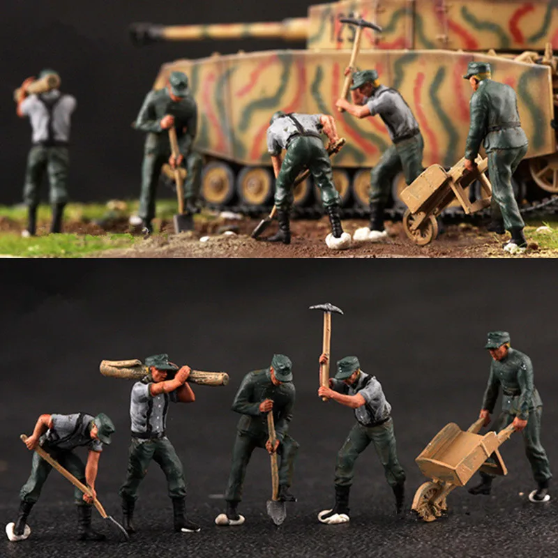 1:72 Scale 5 Pcs Action Figure Model German Logistics Obstacle Removal Team 5 Engineers Soldiers Dolls Toys DIY Scene Accessory