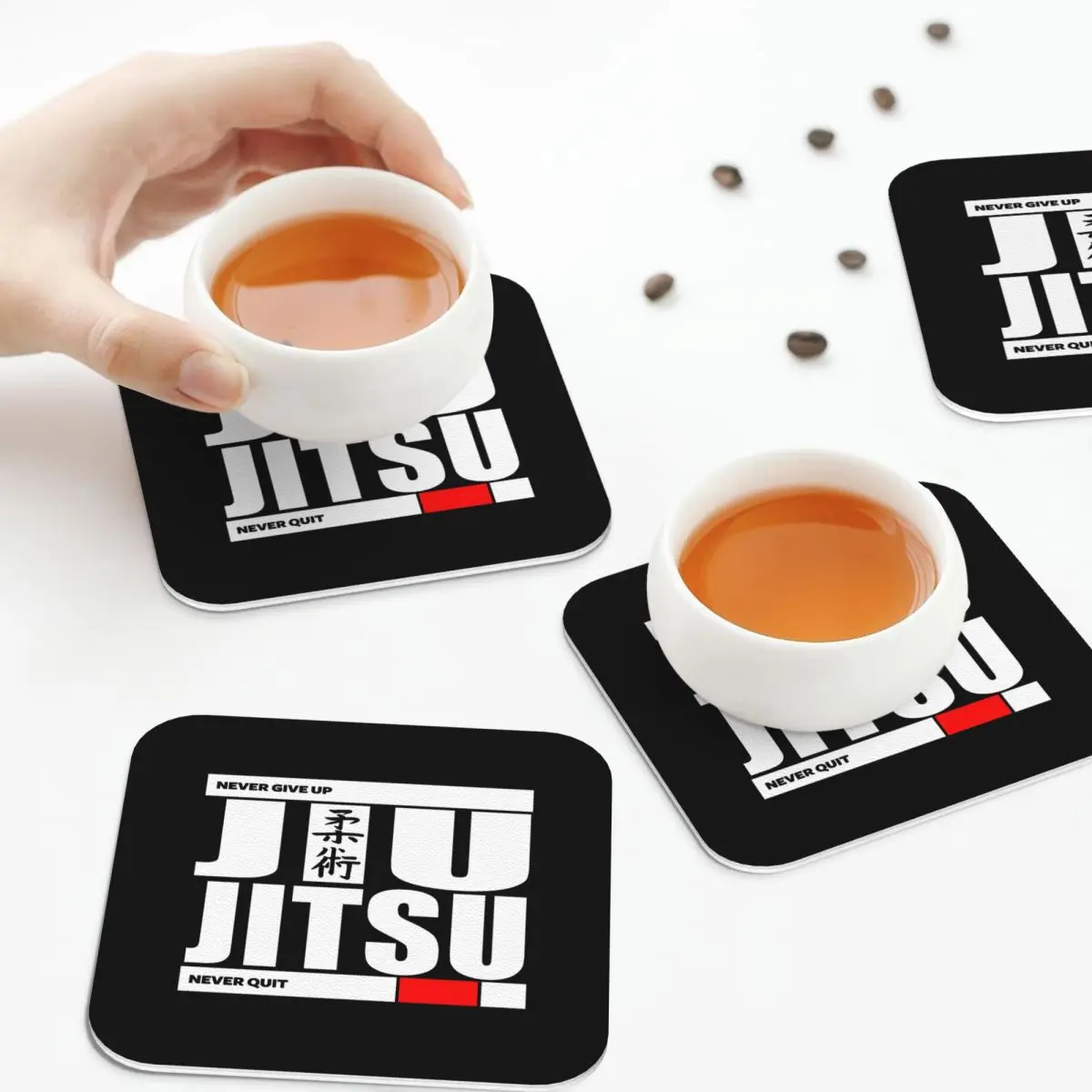 Jiu Jitsu - Never Give Up Never Quit Coasters Kitchen Placemats  Insulation Cup Coffee Mats Decor Home Tableware Pads Set of 4