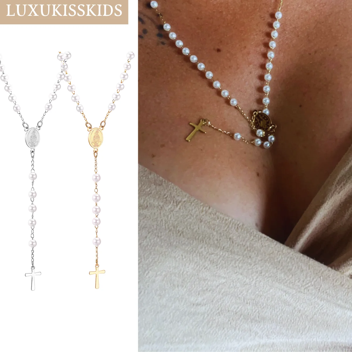 LUXUKISSKIDS-rosario catolicos acero inoxidable,Rosario de cuentas de acero para mujer y hombre, collares de Jesús, cadenas largas, colgantes de