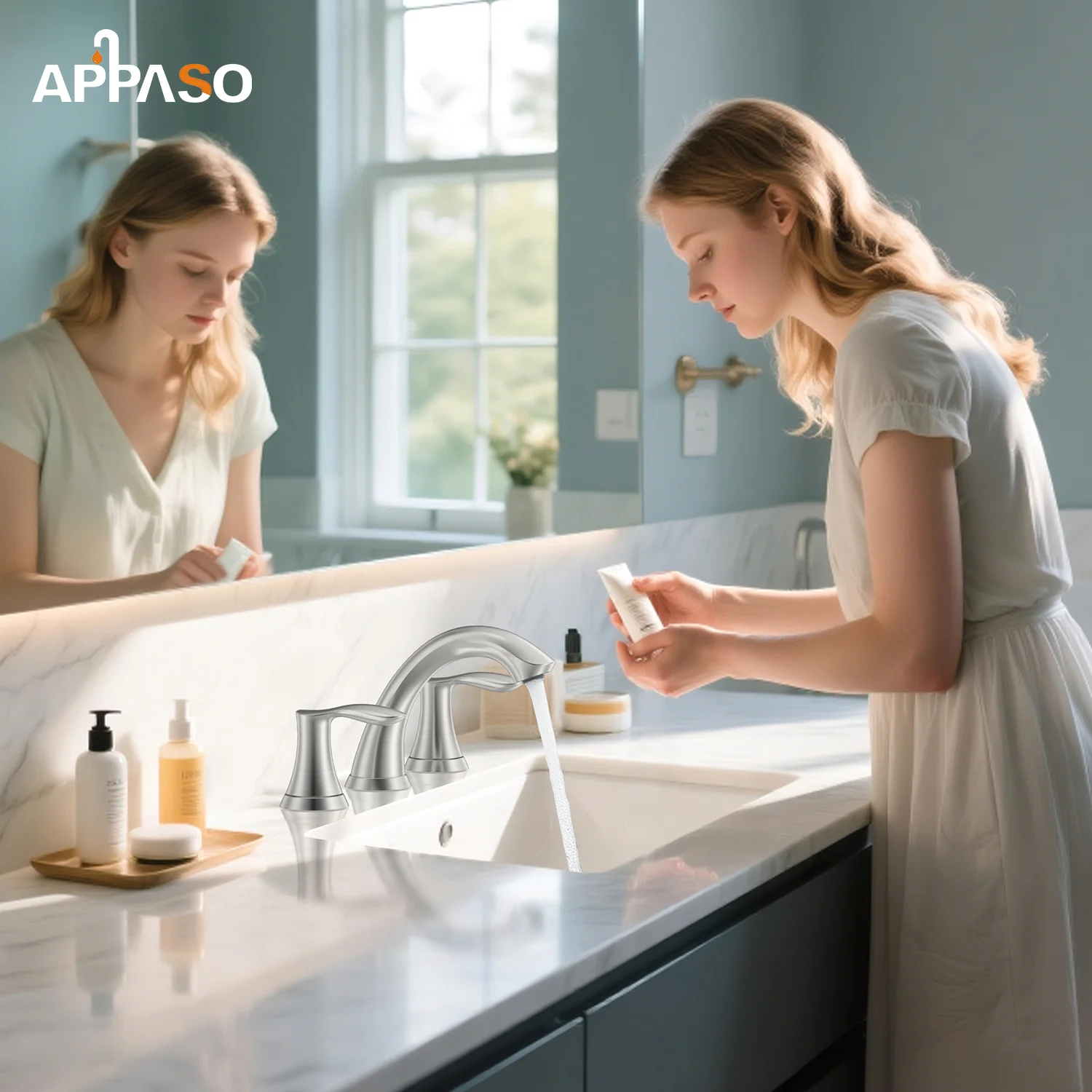 APPASO 2-Handle Widespread Bathroom Faucet, Brushed Nickel 304 Stainless Steel 3-Hole Vanity Sink Faucet with Pop-Up Drain and Water-Saving Aerator