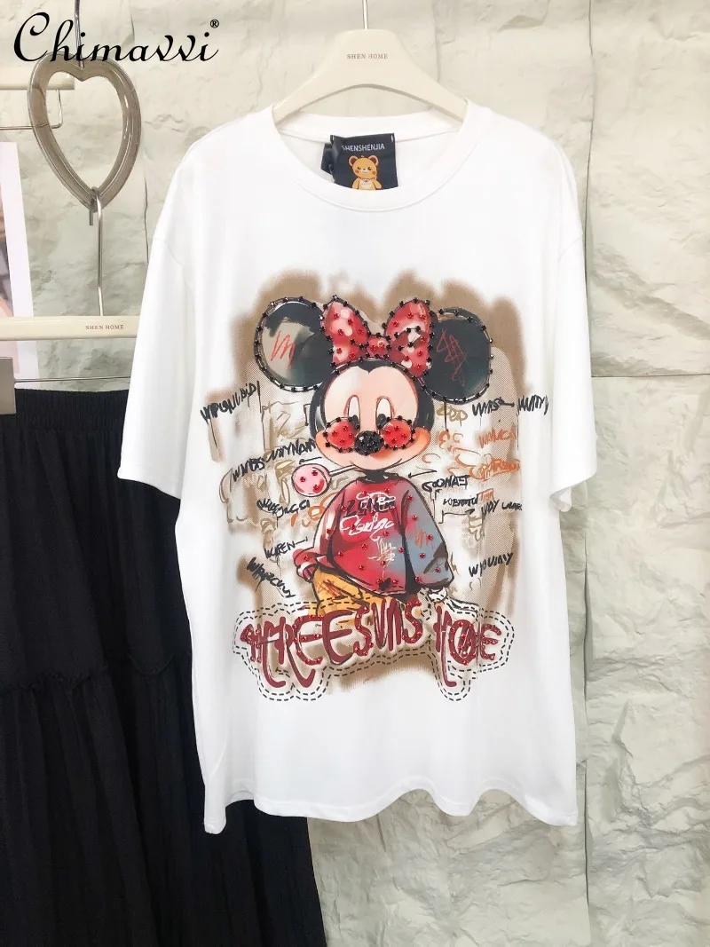 

American Retro Trendy Brand Oversize Diamond Printing Design Sense Loose Short Sleeve T-shirt For Women
