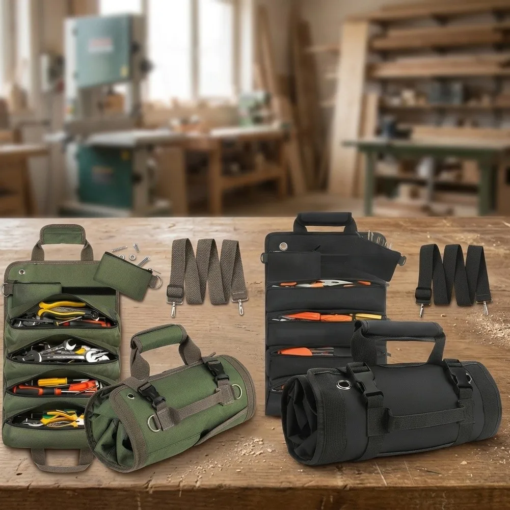 Portable Tool Storage Solution Roll-Up Tool Bag Oxford Cloth Material Multiple Pockets Design Compact Lightweight Build