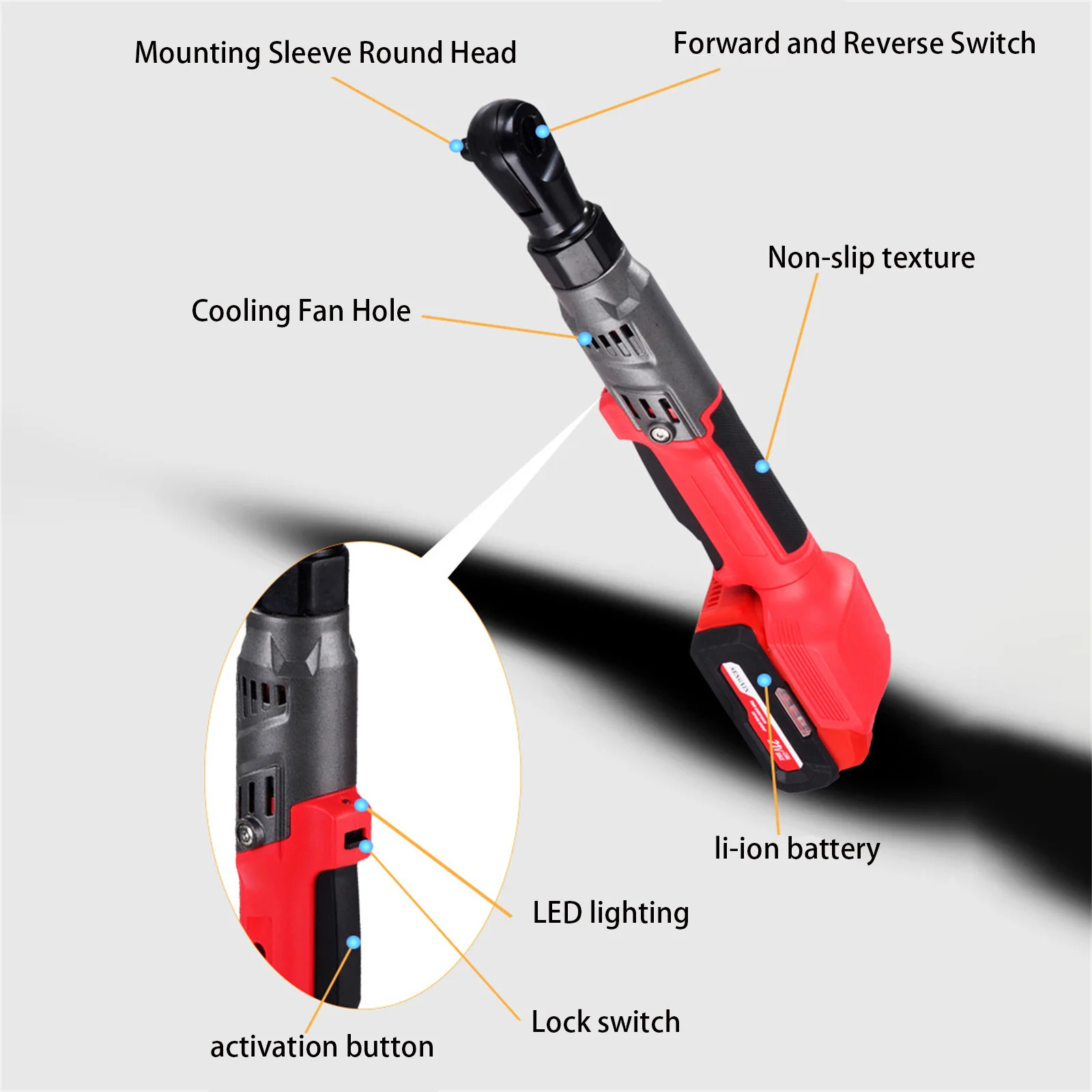 Motor Tanpa Sikat Ratchet Merah 90N.m Dua Daya Satu Pengisi Daya 2 Baterai 2,0a Casing Plastik 1/2 Inci