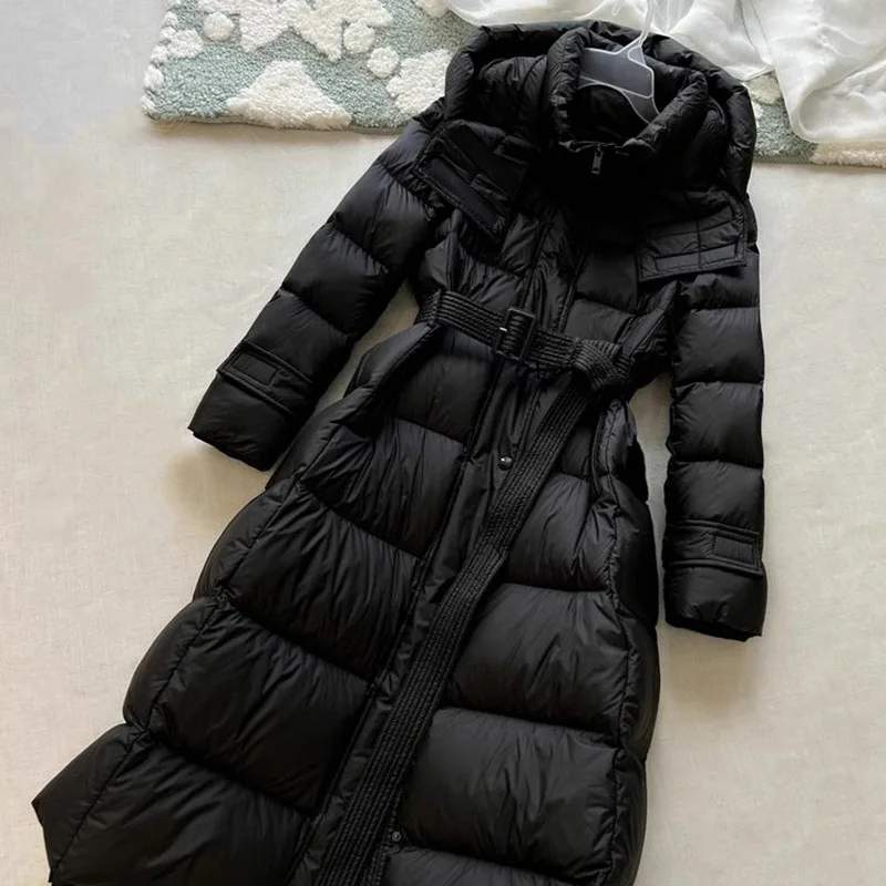 سترة شتوية طويلة رفيعة الخصر، معطف سميك أسود بقلنسوة، معاطف بينغهو النسائية الراقية 90% بطة بيضاء #4