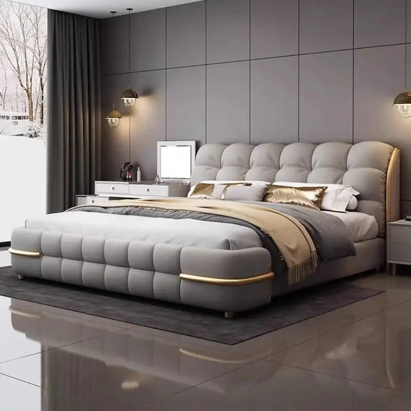 

European Style Leather Double Bed Frame Elegant Comferter Italian Queen Bed Modern Wood Luxury Metal Cama Box Casal Bedroom Home