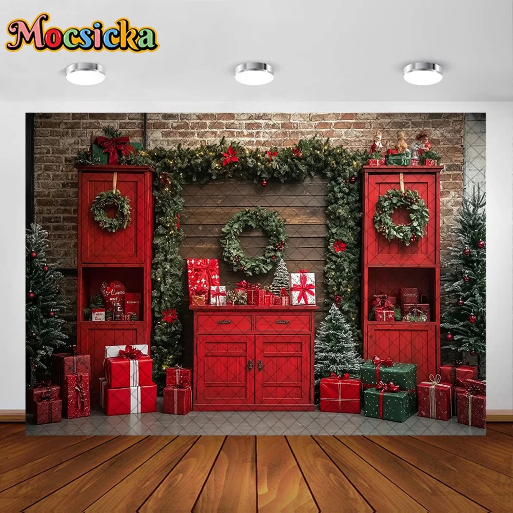 Mocsicka Photography Background Red Christmas Room Xmas Tree Wreath Decoration Backdrop Family Kids Holiday Party Prom Studio
