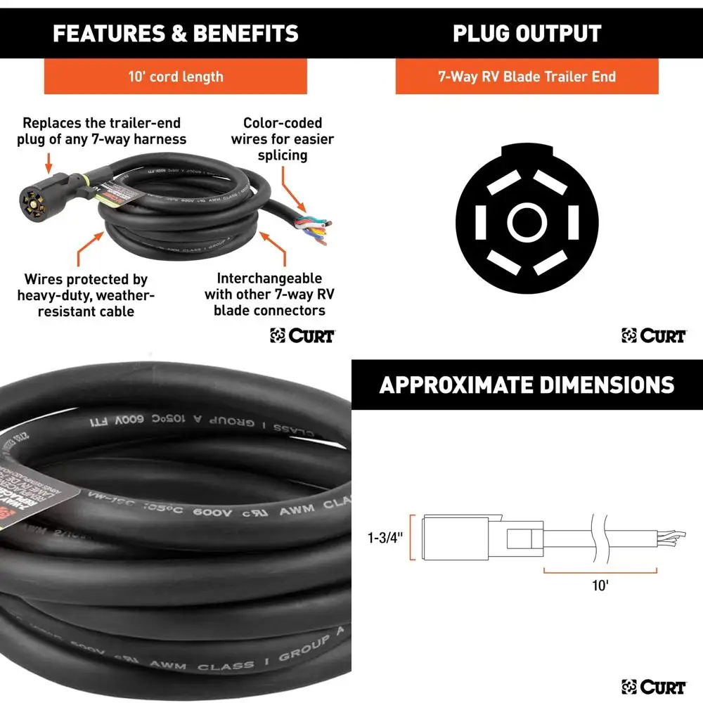 

56603 Сменная 7-контактная вилка жгута проводов прицепа с лезвием для автофургона, 10-футовые провода с тупым вырезом