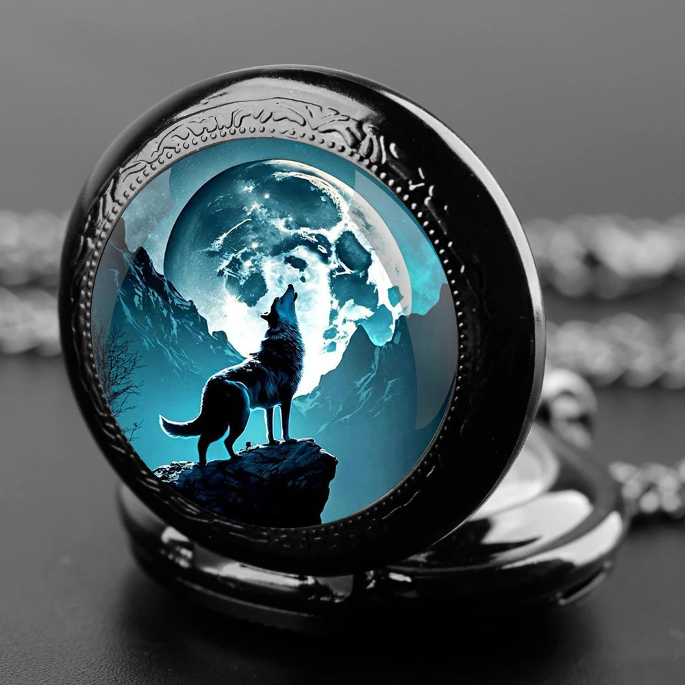 Howler Wolf Design Glass Dome Quartz Pocket Watch with Arabic Numeral Dial on Chain Ideal Present for Special Occasions