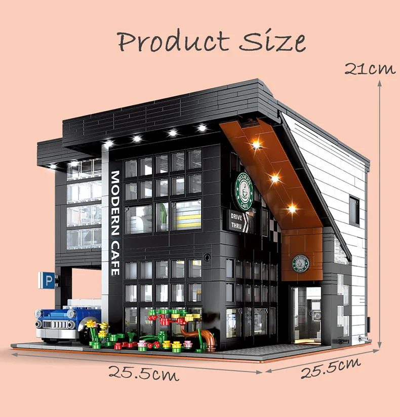 City Architecture Coffee Shop Building Blocks Creative Modular Street View House Bricks Toys With Lights Cafe Construction Set