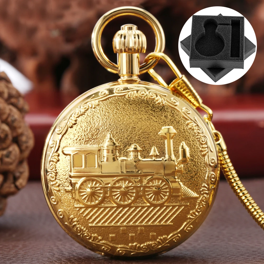 

Gold Copper Steam Train Design Automatic Mechanical Men's Pocket Watch Gift Box Antique Steampunk Fpb Chain Pendant Timepiece