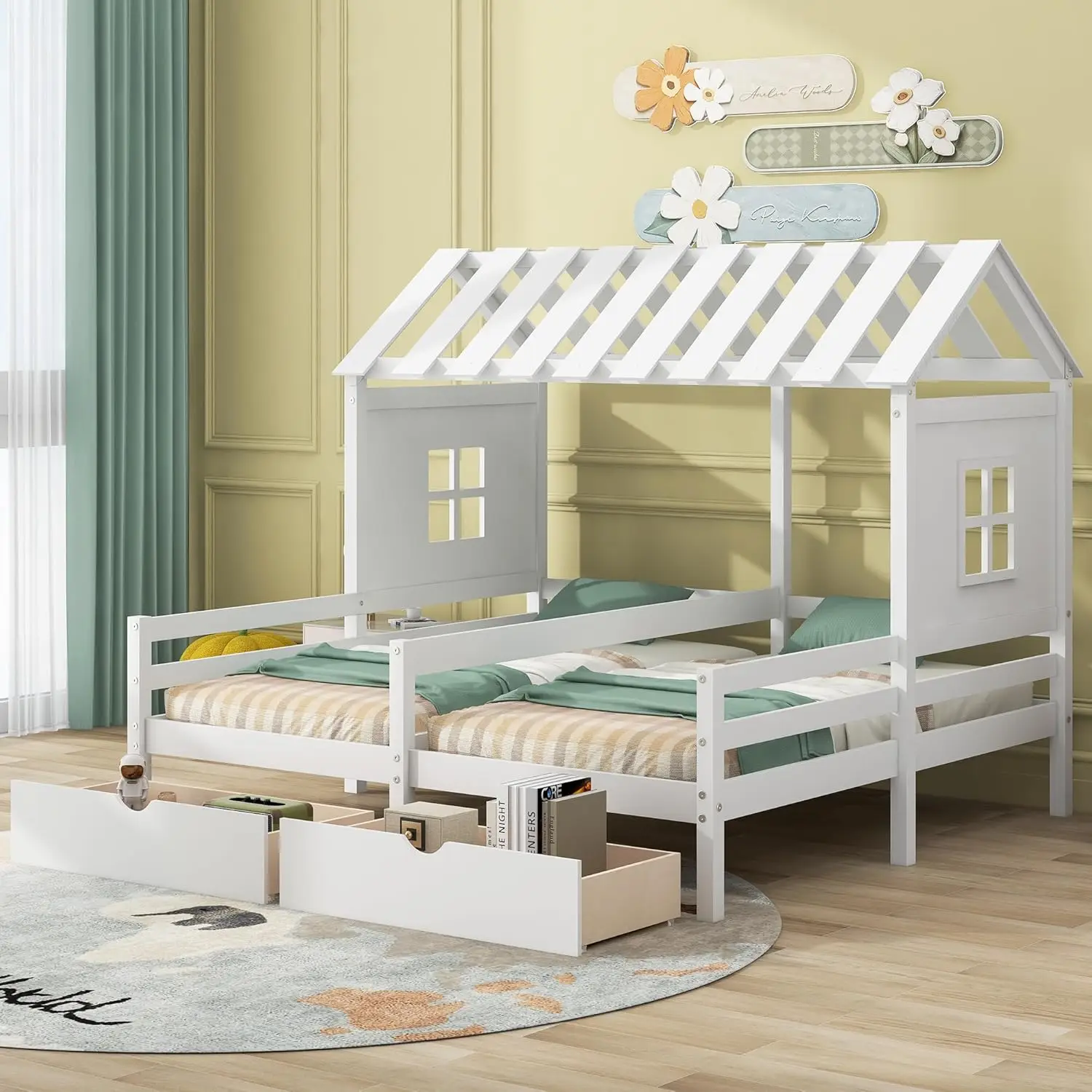 Twin Size House Platform Beds With Two Drawers For Boy And Girl Shared Beds, Combination Of 2 Side By Side Twin Size Beds