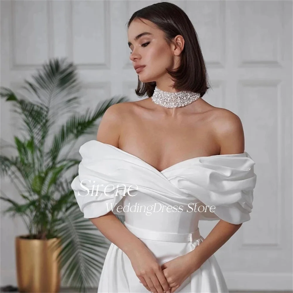 Sirene Eenvoudige High/Low-Off The Shoulder Afneembare Treinvlek Trouwjurken A-Line Strapless Vloerlengte Rugloze Bruidjurken