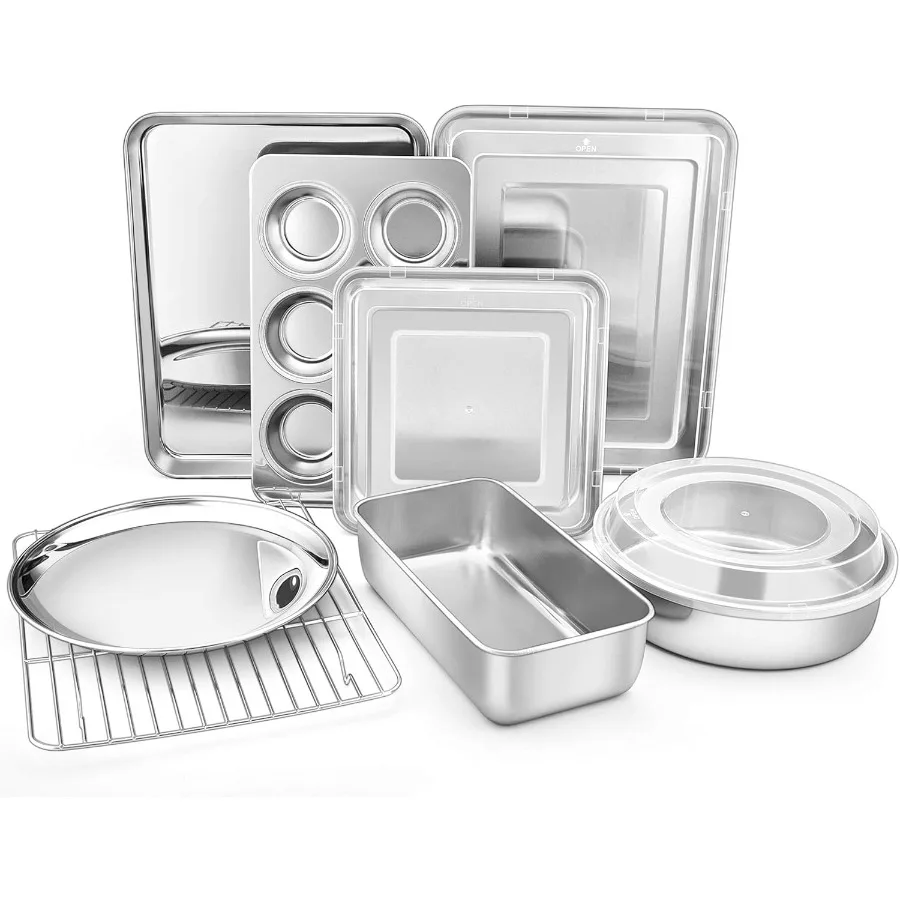 

Набор форм для выпечки из нержавеющей стали с противнем и стойкой, форма для лазанья с крышкой, квадратная и круглая форма для торта с крышкой, форма для кексов и ло