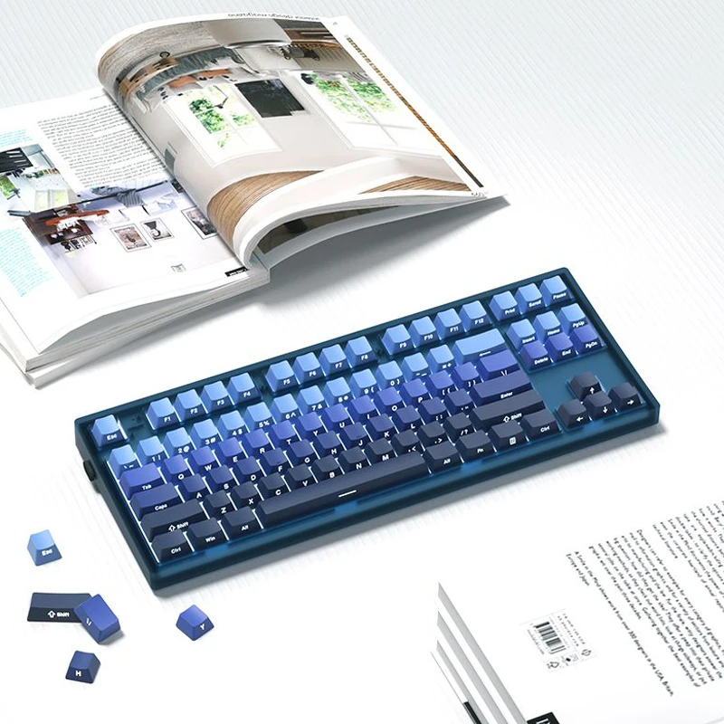 Cool Breeze Blue Double Shot bersinar melalui tombol 136 tombol profil OEM tombol cetak samping PBT tombol untuk MX Switches Keyboard Gaming