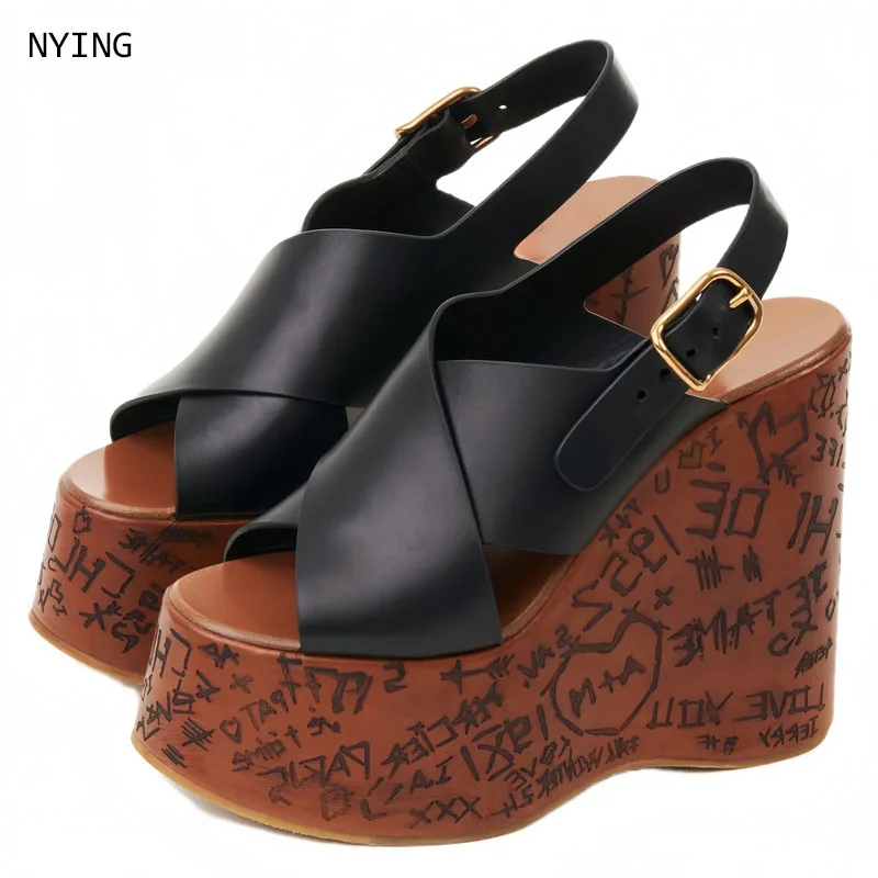 Women Black Cross Strap Graffiti Print Wedge Platform Sandals Peep Toe Buckle Slingback Wooden Heel Summer Beach Party Shoes
