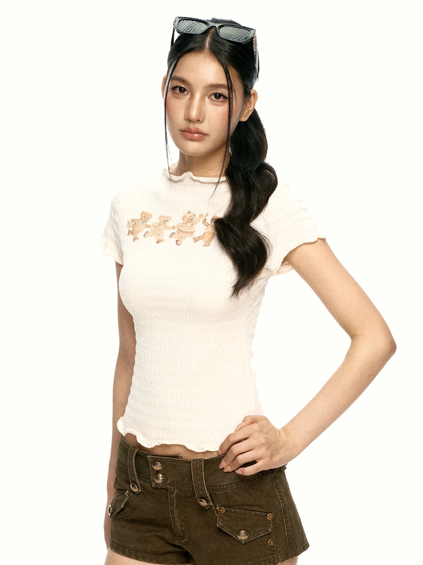 Aaisup Bear Print Short Sleeve T-Shirt Women's Summer Slim Fit Fashionable Vintage Style round Neck Top Shoulder Width Regular