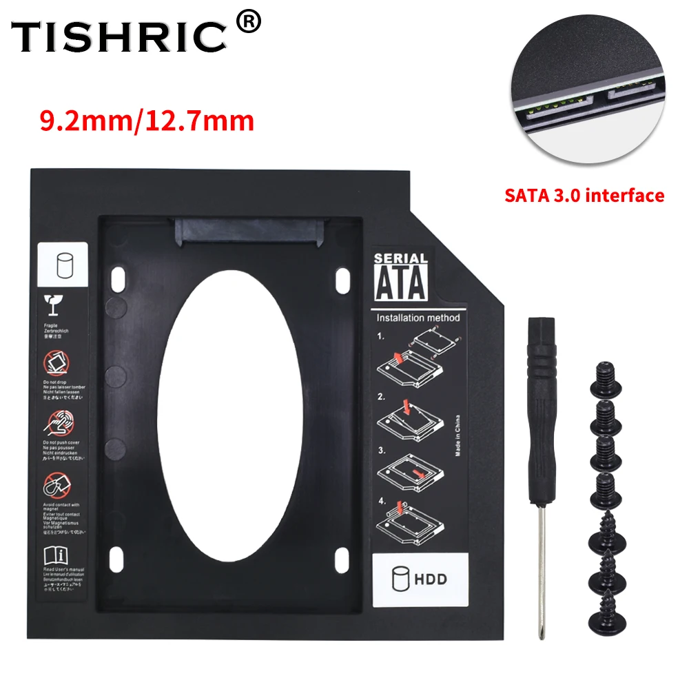 TISHRIC Aluminum 2nd Second Hdd Caddy 9.5mm 12.7mm Optibay SATA 3.0  2.5\'\' SSD DVD CD-ROM Enclosure Adapter Hard Disk Drive Case