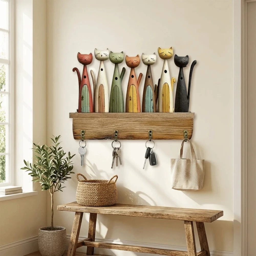 Colorful Cat Wooden Key Hanger 2D Flat Retro Design Multi-Function Key Holder with 4 Hooks Animal Key Holder Kitchen