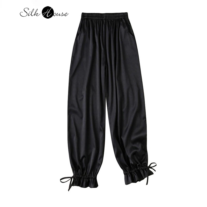 

2024 Women's Fashion Spring New 93%Natural Mulberry Silk Herringbone Pattern Versatile Black Casual Pants