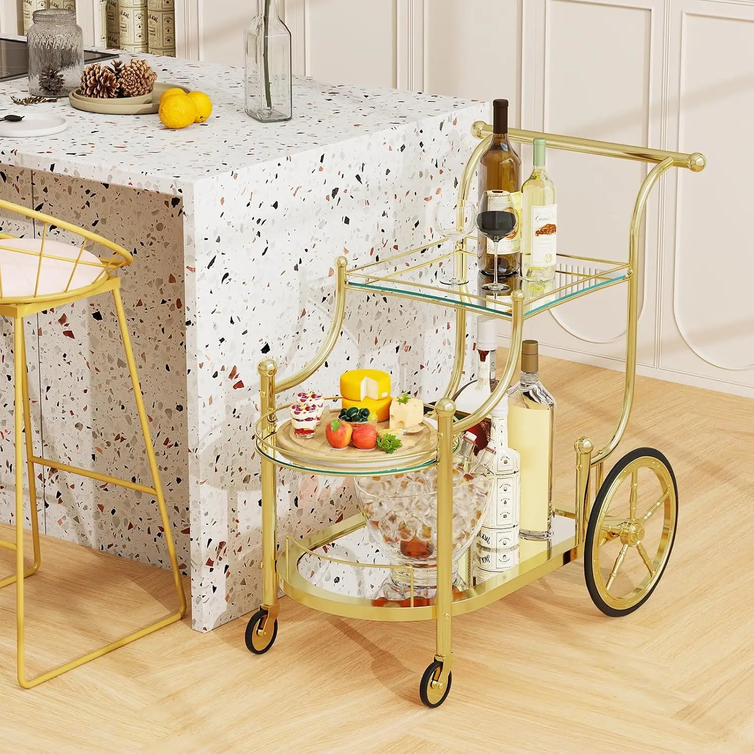 Bar Cart, 3-Tier Rolling Home Bar Serving Cart with Mirrored Shelves & 4 Wheels, Mobile Beverage & Wine Cart for Kitchen, Dining