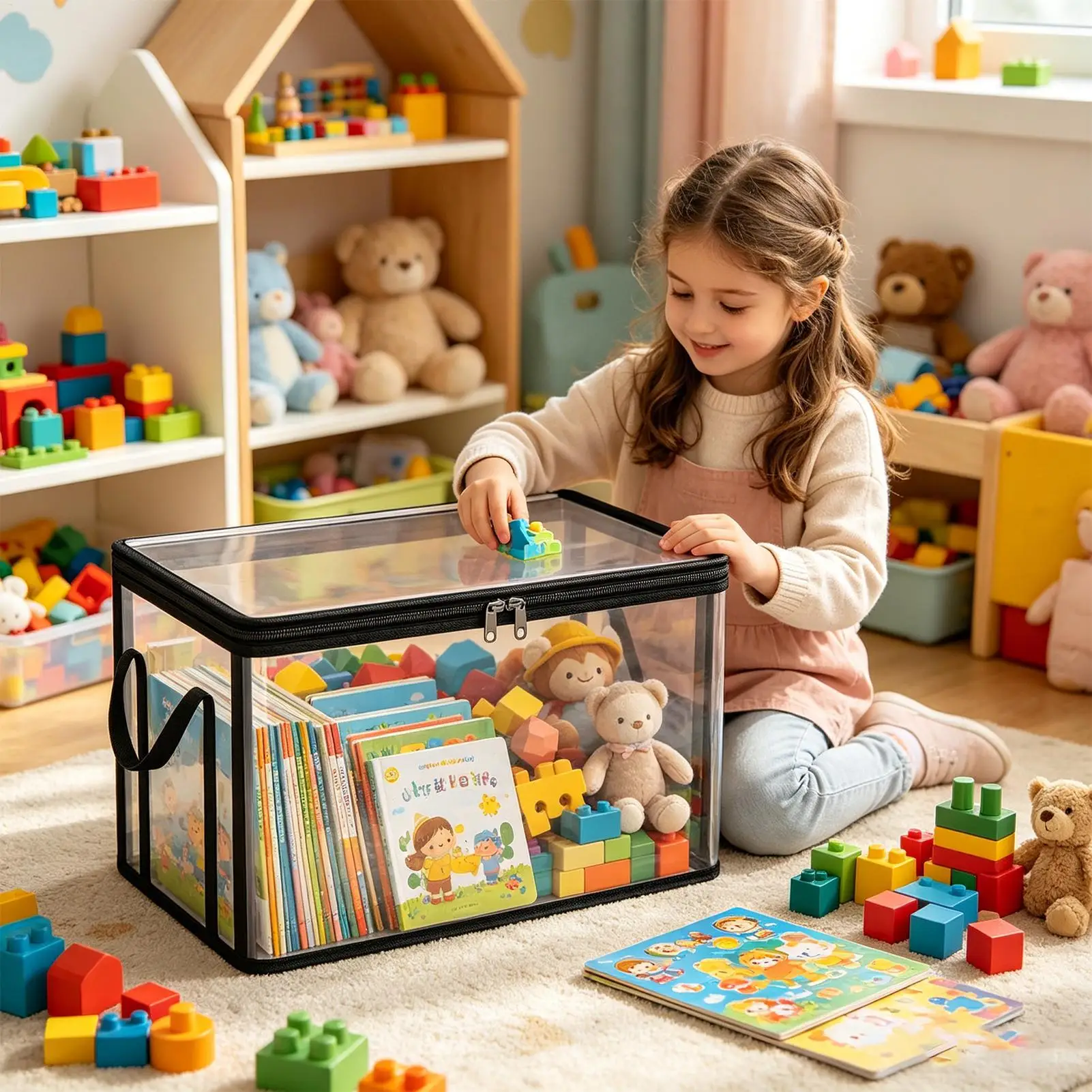 Book Storage Box Large Capacity with Handles Lids Stackable Storage Bins Clothes Box for Toy Snack Bedding Clothes Home Bedroom