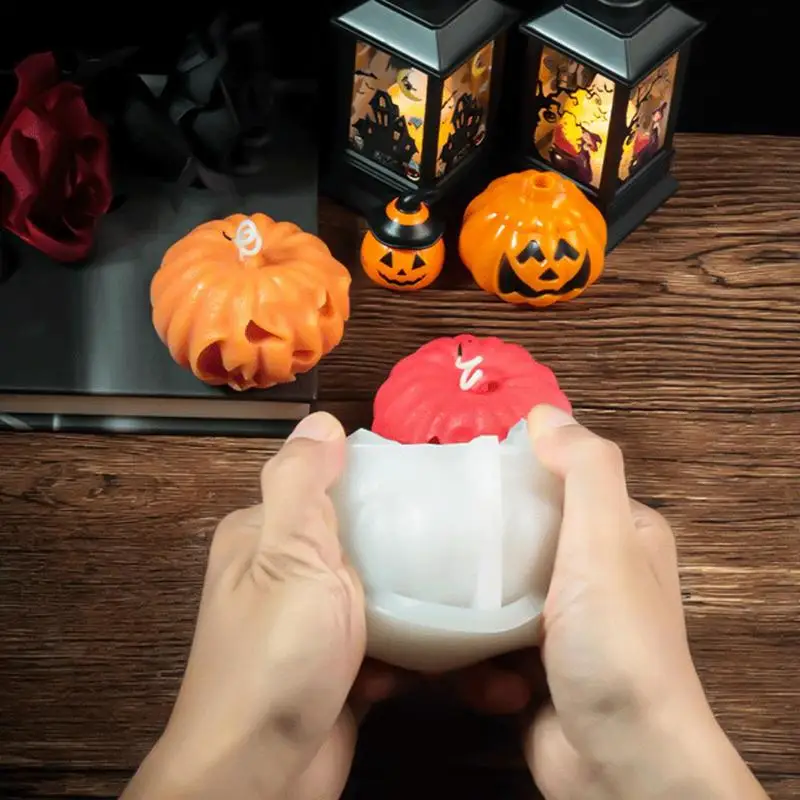 แม่พิมพ์ซิลิโคนเทียนฟักทอง Spooky ซิลิโคนแม่พิมพ์ฟักทองฮาโลวีนสําหรับเทียนปล่อยง่ายฤดูใบไม้ร่วงแม่พิมพ์เทียนอีพ็อกซี่ไม่ติด
