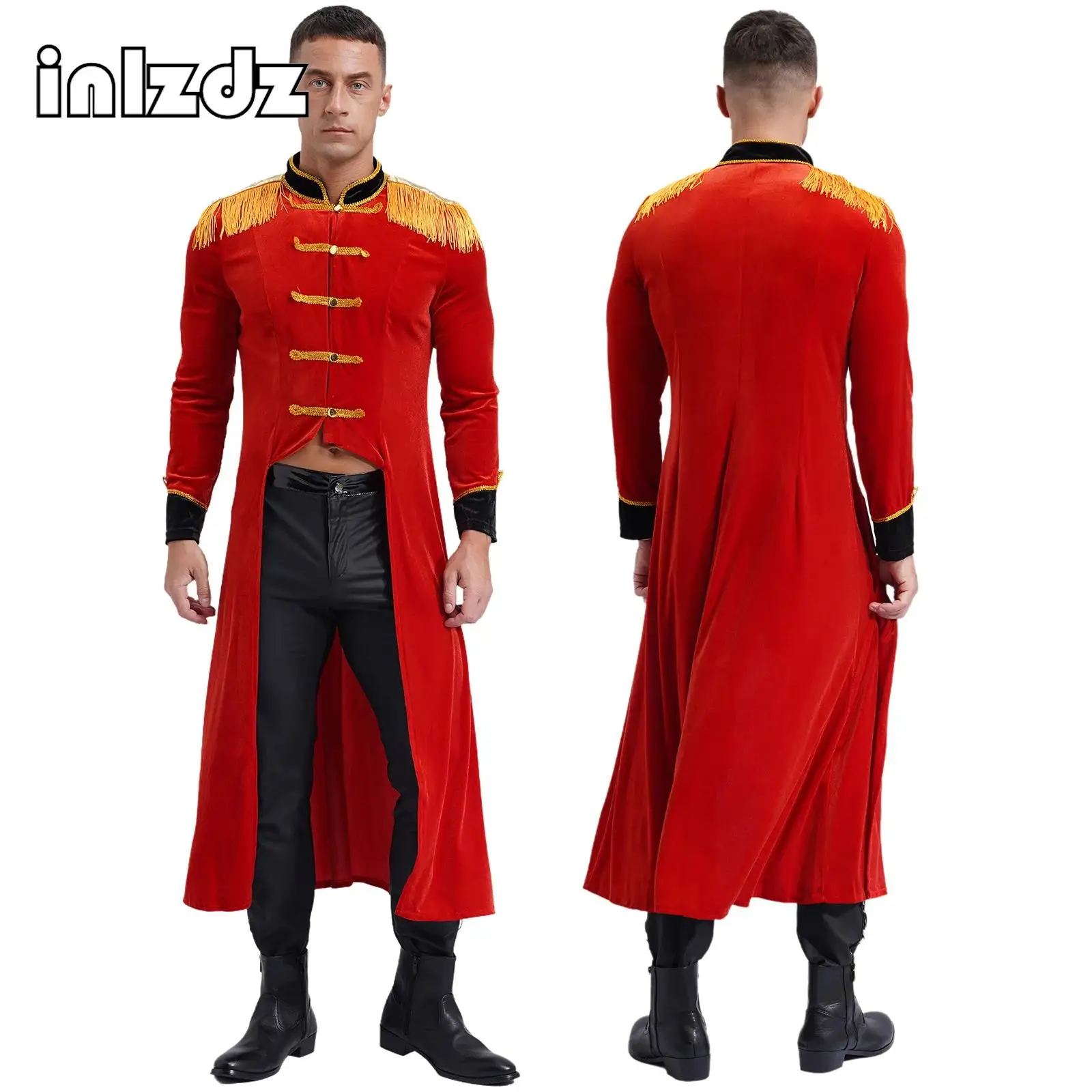 Disfraz de Circus Ringmaster para hombre y mujer, chaqueta gótica con flecos de terciopelo, hombro renacentista, gabardina