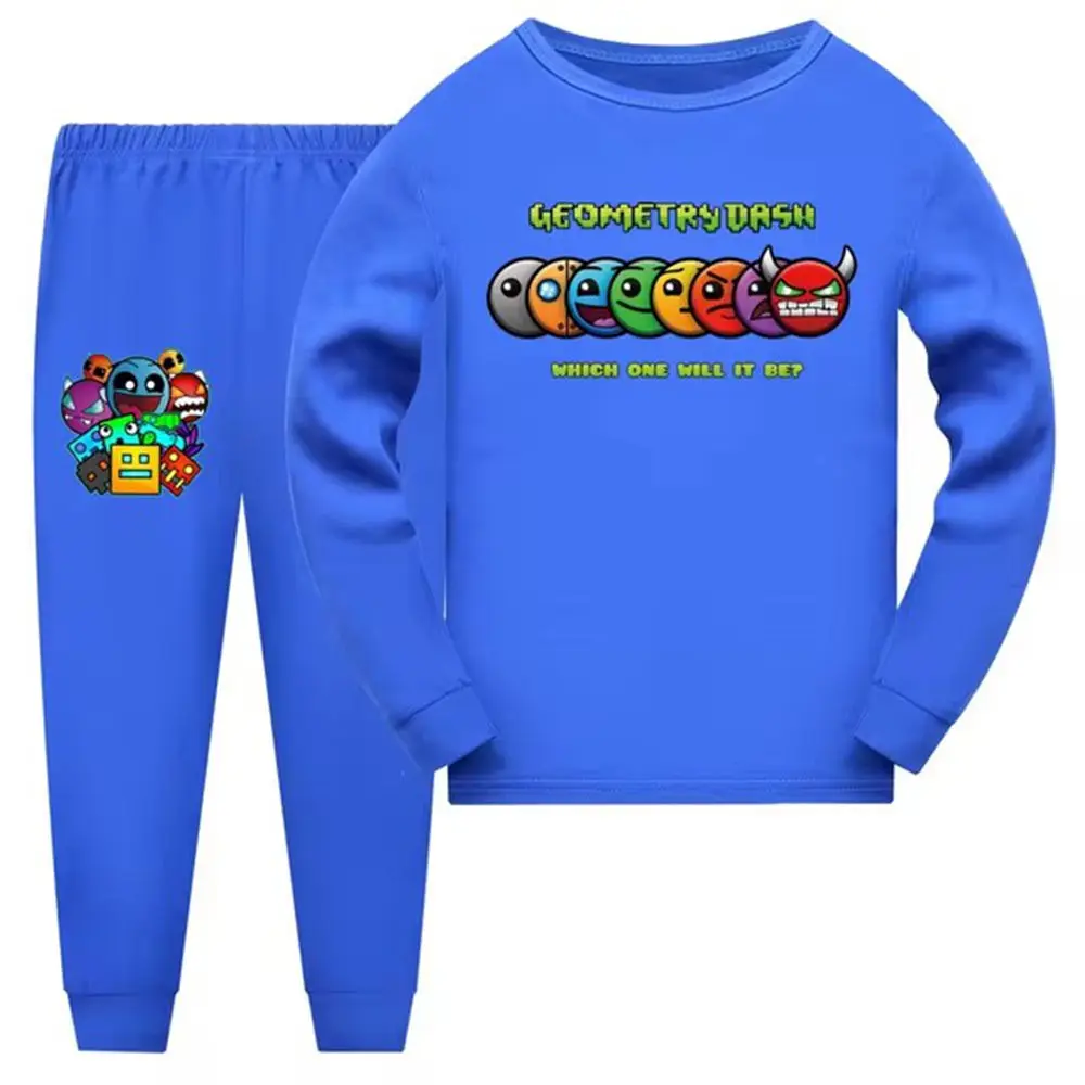 

Geometry Dash Long T-shirt Suit Children Autumn Cartoon Tops+ 2Pcs Pants Set Pajamas Sets Home Wear Clothes Kids Gift