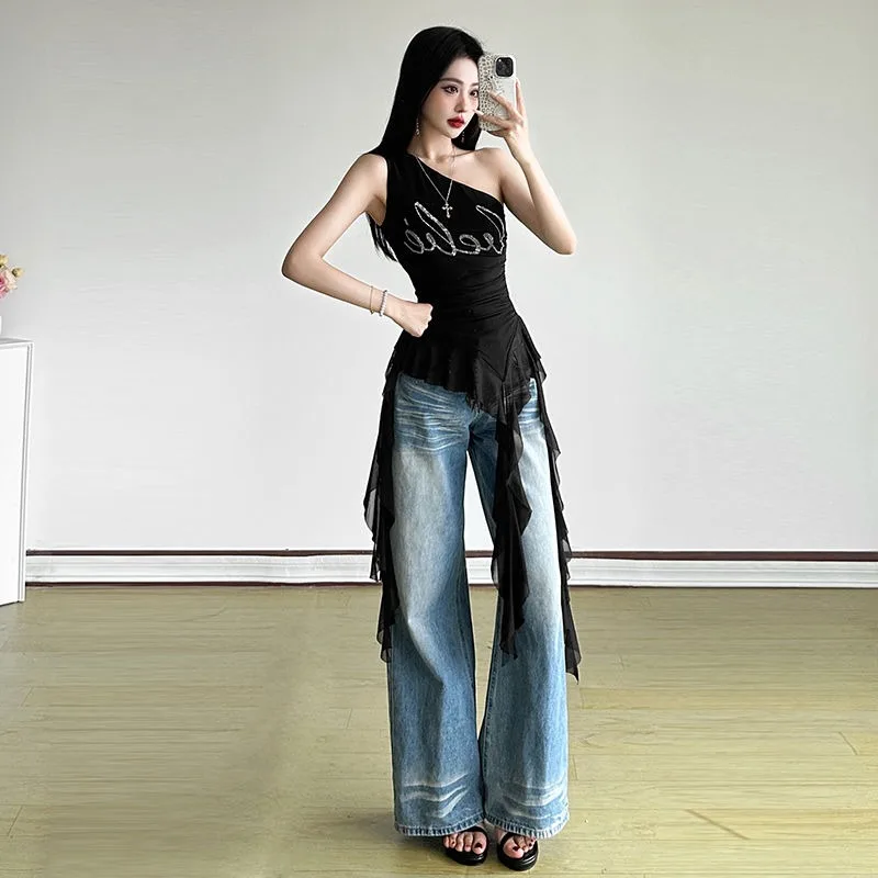 Glitter Mesh Vintage Letter Hot Diamond Slanted Shoulder Vest Sexy Summer Off-Shoulder Ruffle Edge Women Top