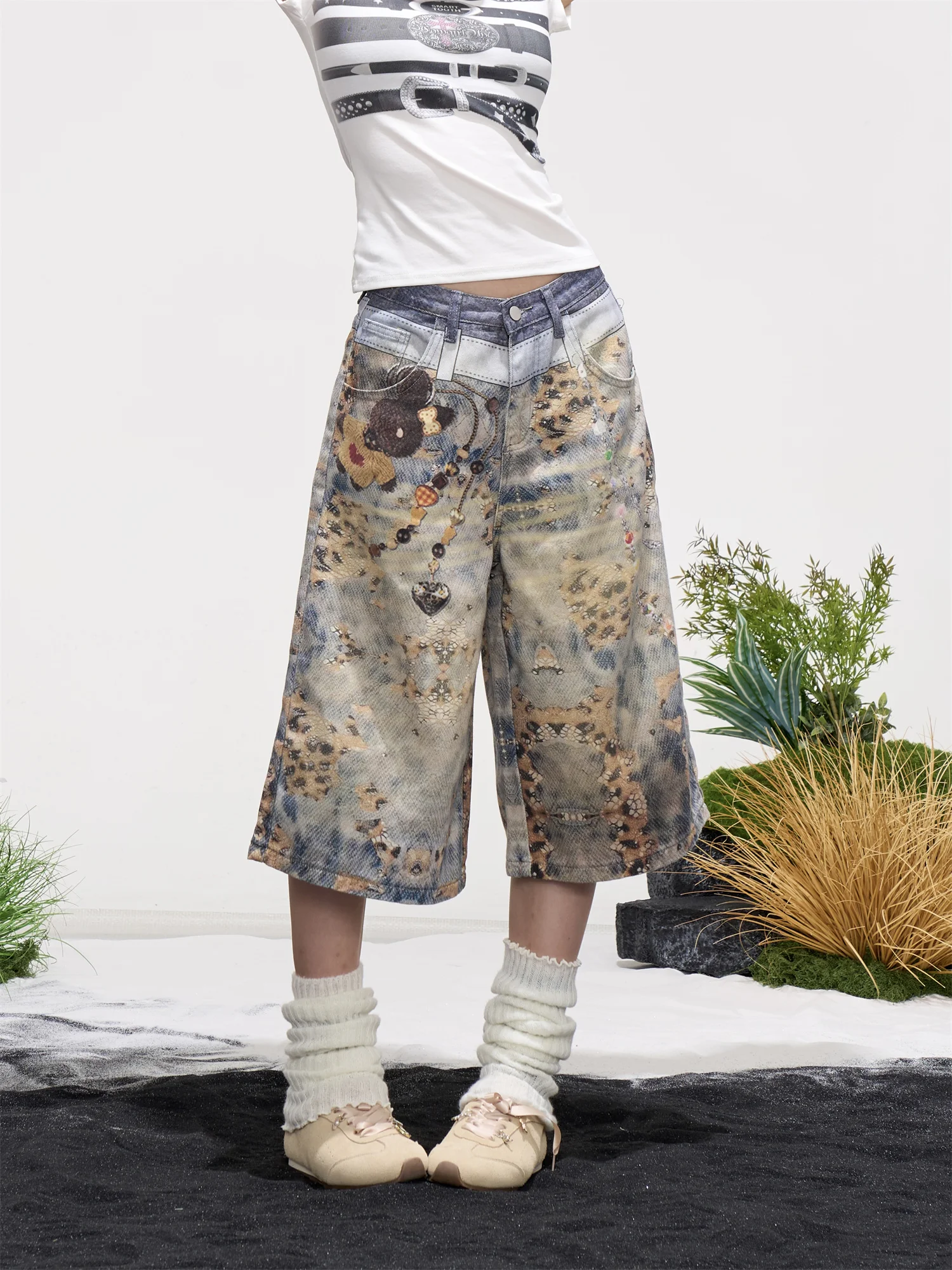 

American Retro 3D Printed Denim Jeans Women's Summer Loose Wide Leg Pants Design Sense Street Casual Pants