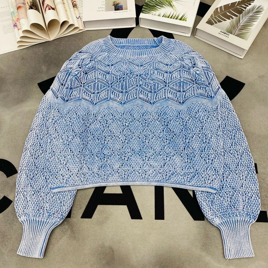 Vintage Round Neck Autumn Dyed Hollowe Out Pullovers Long Sleeve Sweater Women Knitted Casual Loose Patchwork Knitwear F718