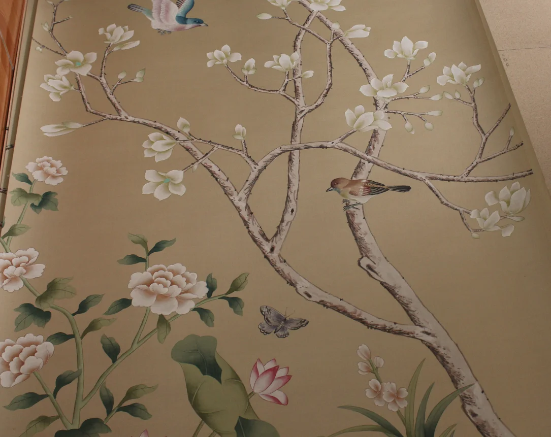 

Custom Luxury wallcovering Hand Painted Magnolia flowers &Birds silk Wallpapers for TV/Bedroom/Living/Dinning/Porch/Sofa wall