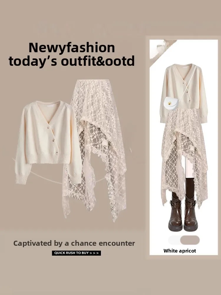 

Sweet V-ne Long Sve Sweater And Lace Skirt Faion Set Women's Autumn 2025 New Sle Ele Quali Matching Outfit