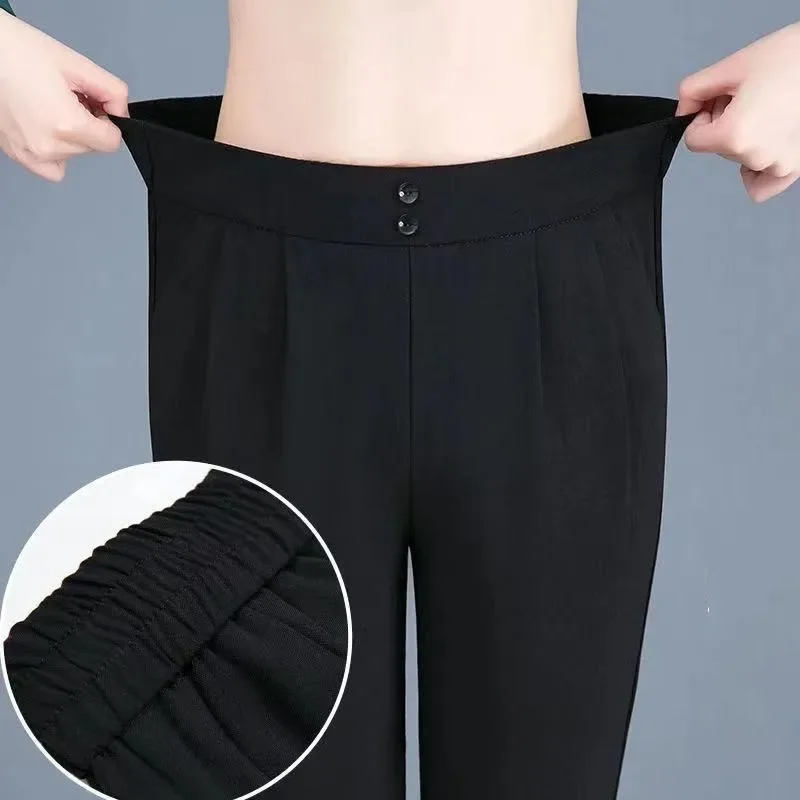 Female Clothing Spring Summer Pants Women Solid Color Pencil Button Pockets Elastic Waist Elegant Fashion Vintage Trousers