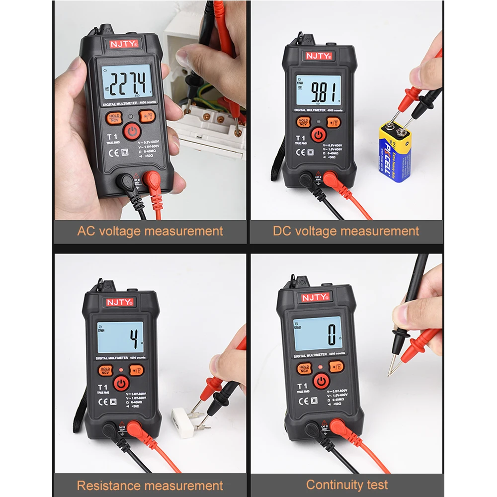 NJTY T1 Pocket Smart Mini Multimeter Digital Automotive Tester TrueRMS NCV 600VAC DC Voltage Tester Portable Electric Multimeter