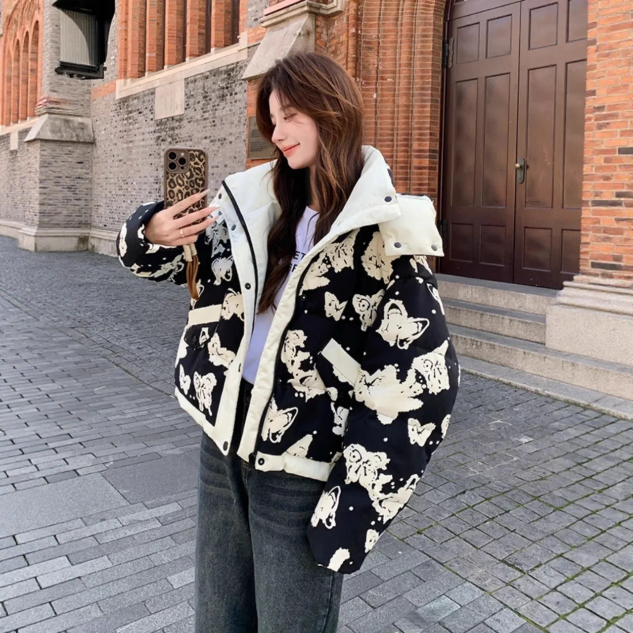 Winter New Women's Down Jacket Loose Hooded Printed Windproof Short Coat