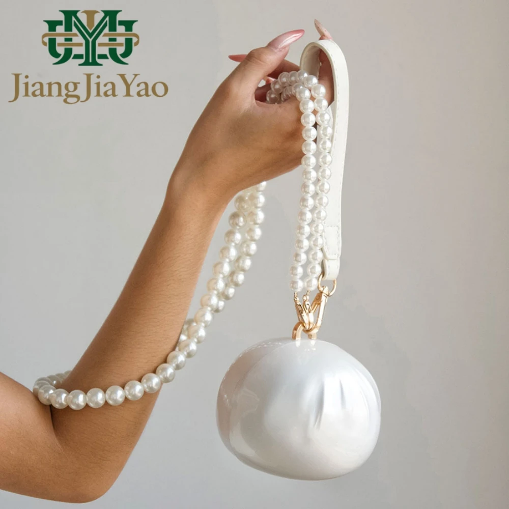 French Style Gentle Round Ball Shpe Dinner Bag Women's Pearl Strap Glossy Delicate Party Bag Shaped Shell Acrylic Handbag