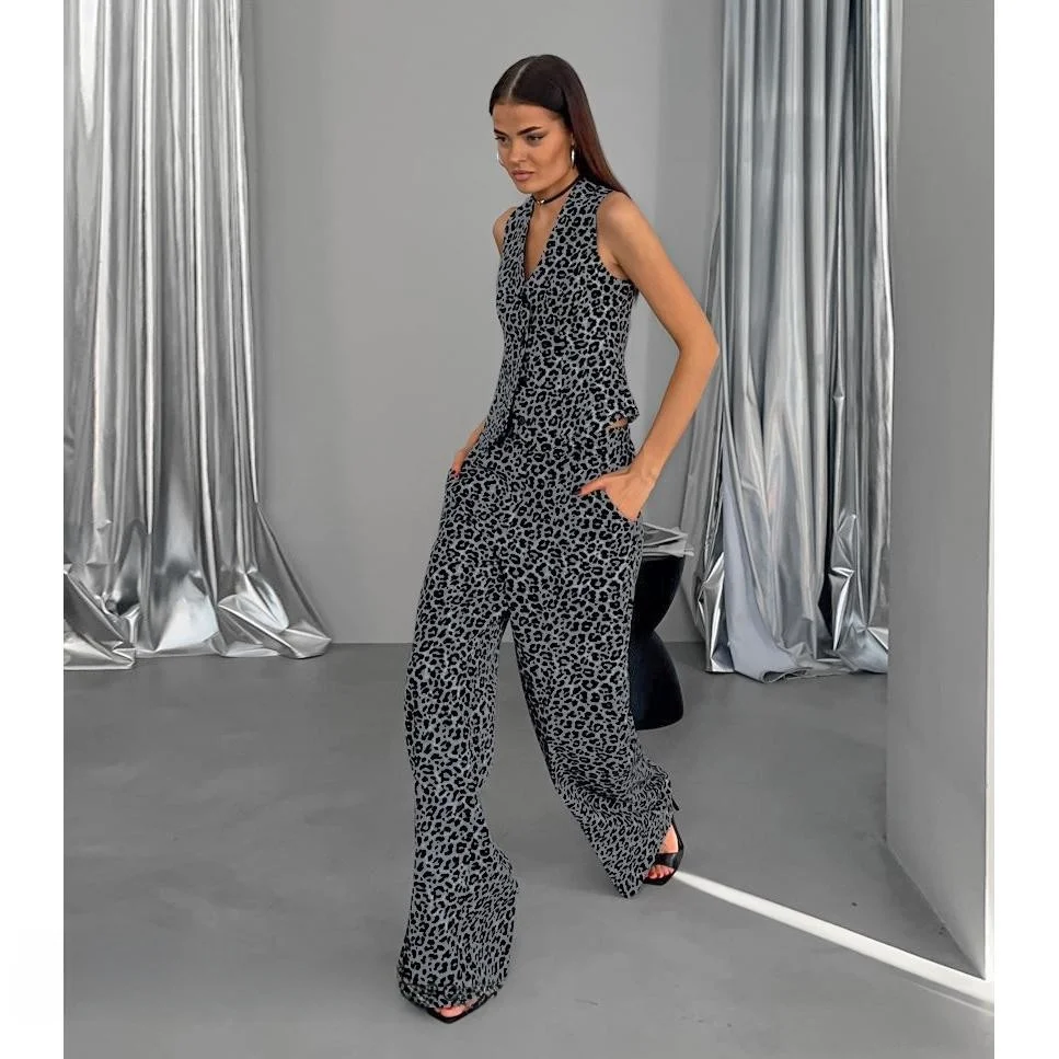 

High Waist Leopard Print Vest And Pants Set Women's Faion Two-Piece Suit Cotton Fabric Long Pants Vest Combo
