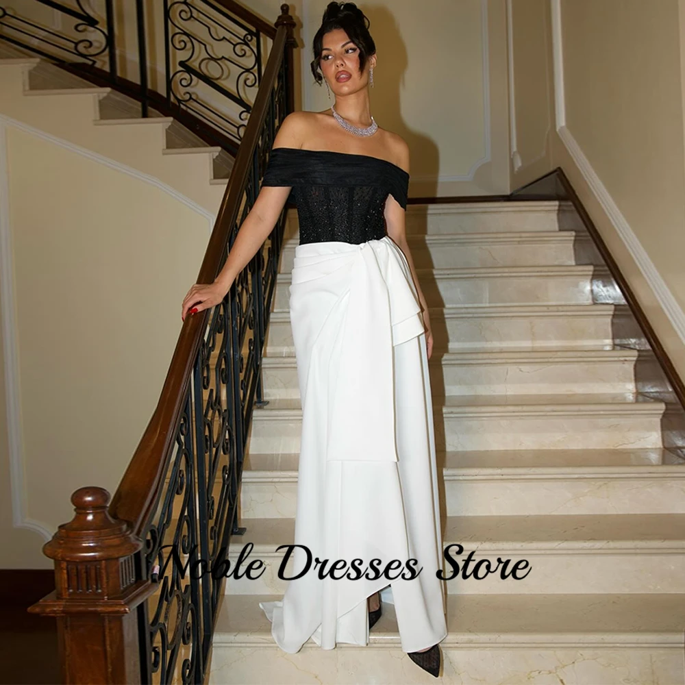 فستان سهرة كلاسيكي من الأورجانزا الأسود والأبيض من الجيرسيه مخصص قبالة الكتف فستان الحفلة الراقصة فساتين مناسبة رسمية بألوان متباينة #3