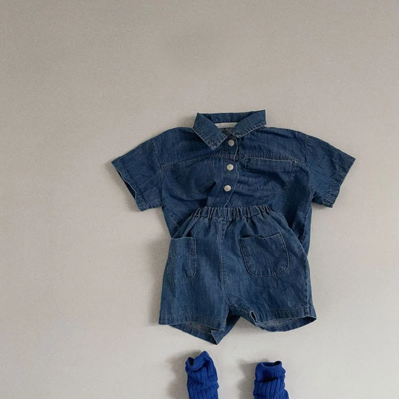 Cool Denim Set Girl Solid Shirt Short Sleeves Turn-down Collar T-shirt And Short Jeans Children Boys Fashion High Quality Suit