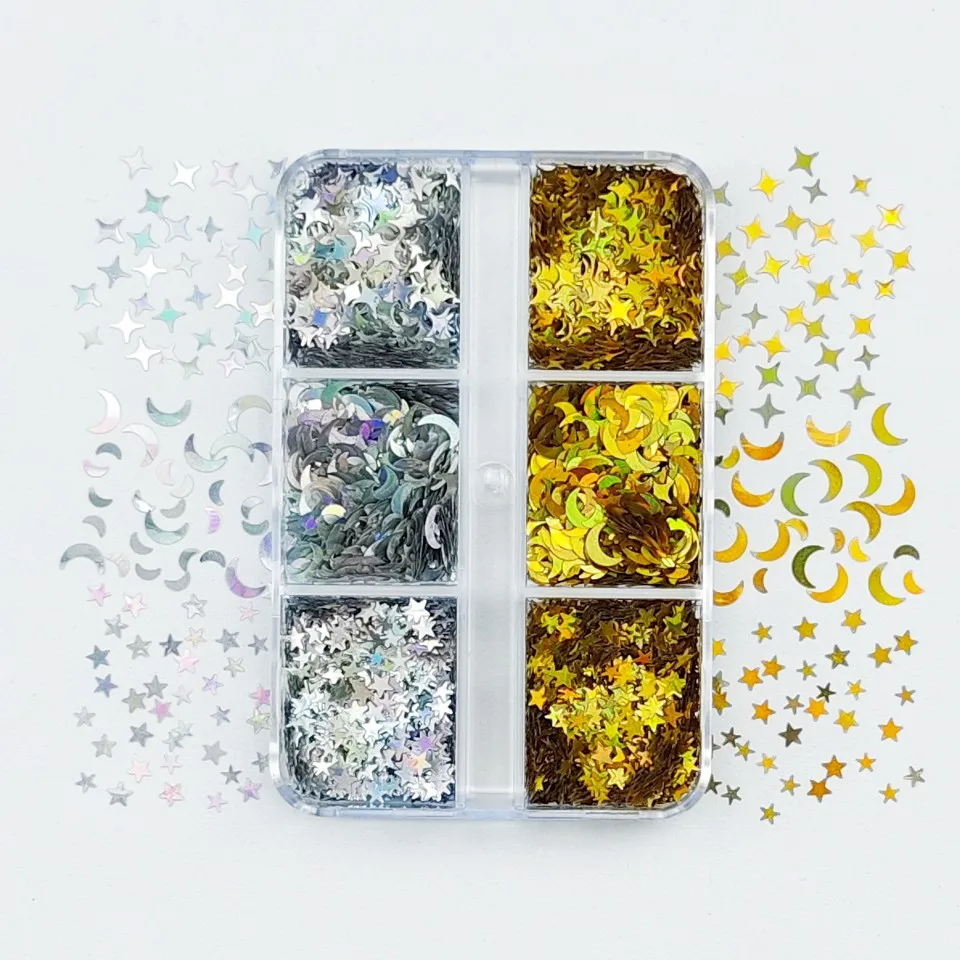 6그리드 글리밍 나이트스카이 네일 오너먼트 플레이크 크롬 홀로 실버 골드 스타 스팽글 세트 UV 젤 네일팁 메이크업 드롭 글리터 404