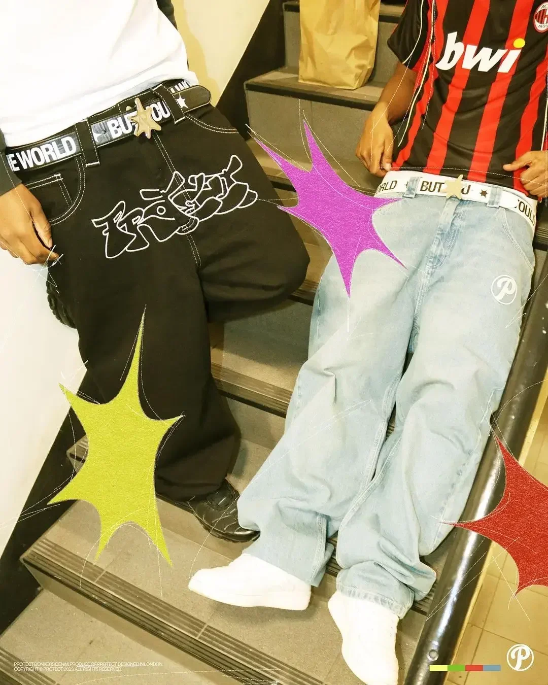 Y2K-pantalones vaqueros con estampado de letras azules para hombre, moda de alta gama, tendencia hip-hop, rectos, informales, holgados, estilo