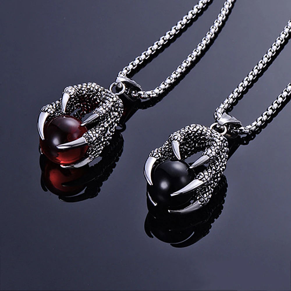 Classic Domineering Dragon Claw Stainless Steel Necklace For Men Punk Red Black Crystal Ball Pendant Necklace Fashion Jewelry